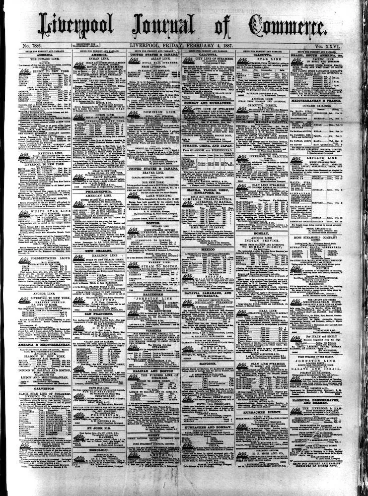 Front page of the Liverpool Journal of Commerce from 4 February 1887 